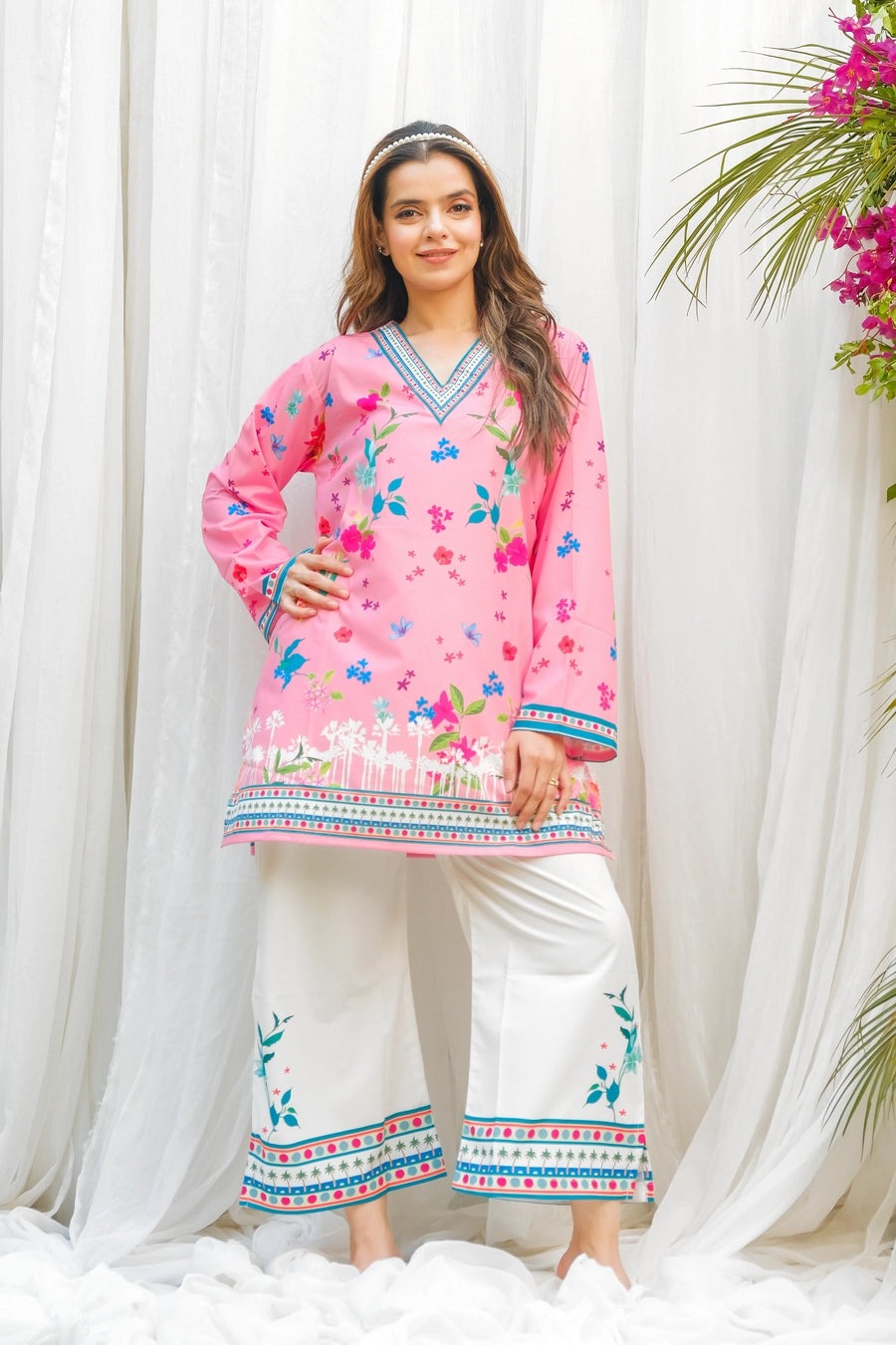 PINK FLORAL Co-Ord Set – Silky Lawn 2-Piece